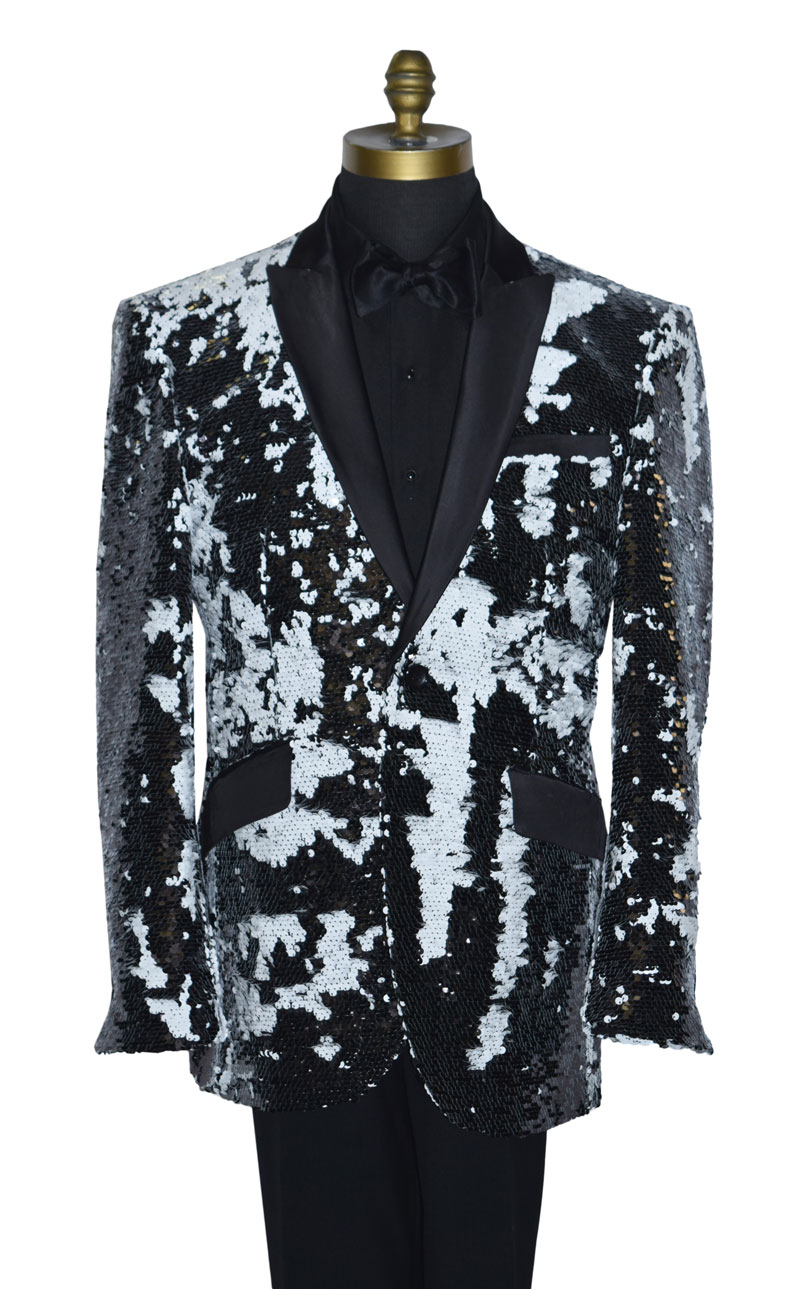 Black and White Deluxe Sequins Tuxedo Coat Only