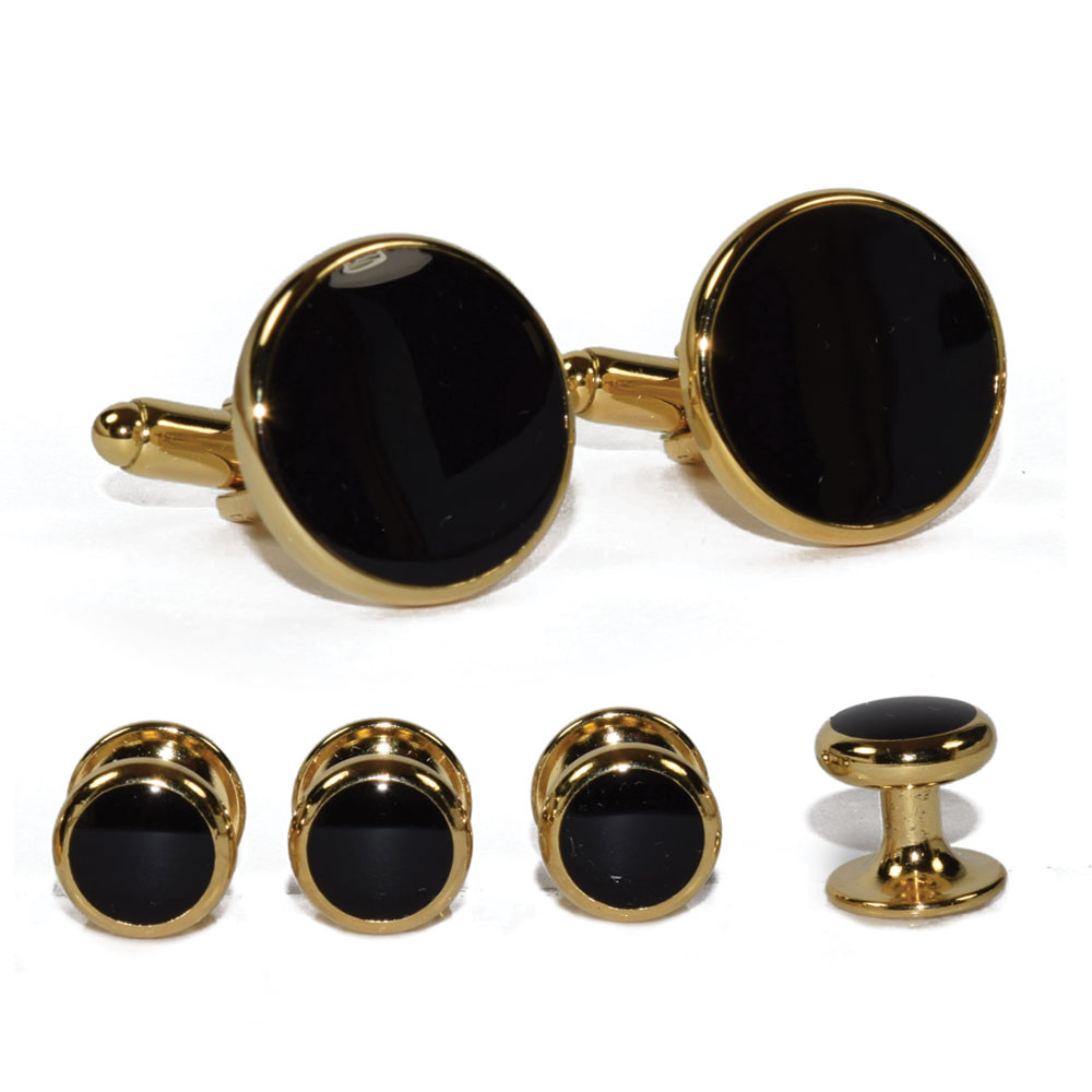 CLASSIC BLACK CUFFLINKS AND STUDS IN GOLD FINISH SETTING