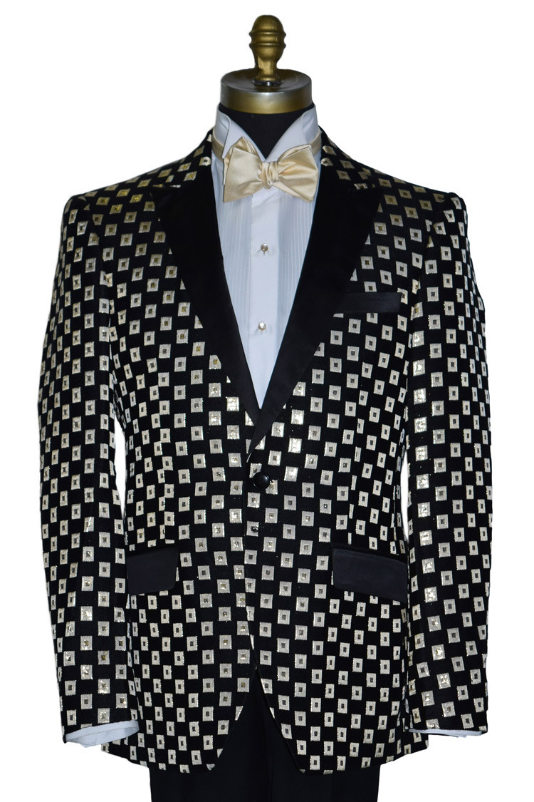 men's black tuxedo with ivory and gold squares