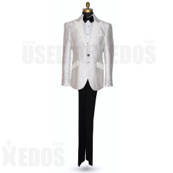 PEARL WHITE BROCADE TUXEDO WITH SILVER HIGHLIGHTS