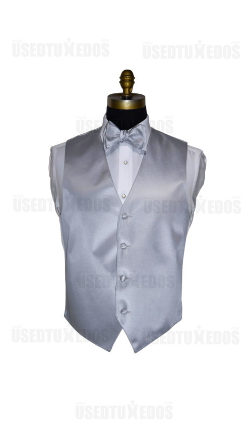 men's silver vest and silver tie-yourself bowtie