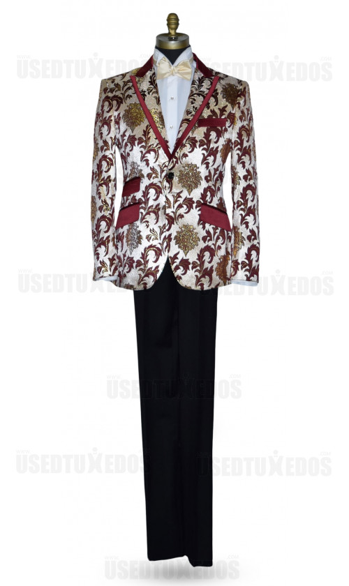 Champagne Tuxedo with Burgundy and Gold Brocade Ensemble