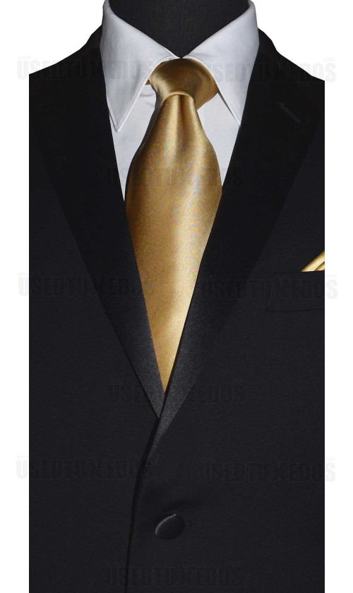 men's gold long tie with black tuxedo