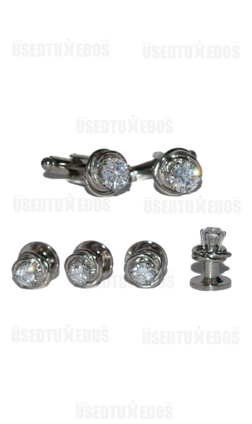 CZ CUFFLINKS AND STUDS SET IN SILVER FINISH