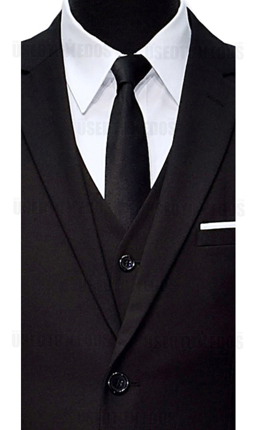 long black satin skinny men's tie with 3 piece black suit