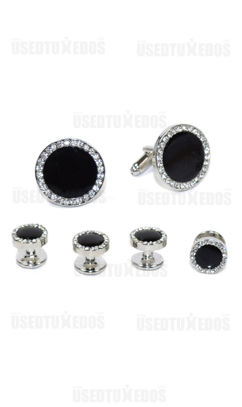Black Cufflinks and Stud Set with Crystals