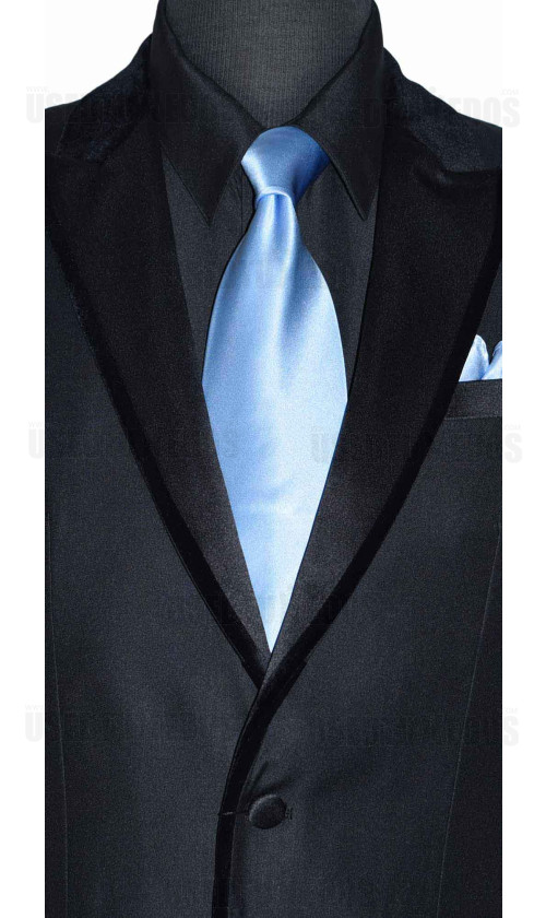 men's light blue silk long dress tie  with black tuxedo