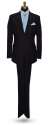 men's black tuxedo with capri-blue vest and striped capri-blue skinny dress tie