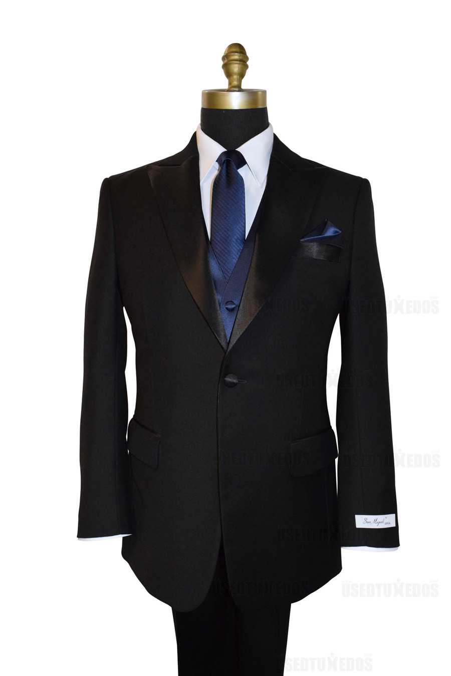 black San Miguel peak lapel tuxedo with navy blue long dress tie by San Miguel Formals