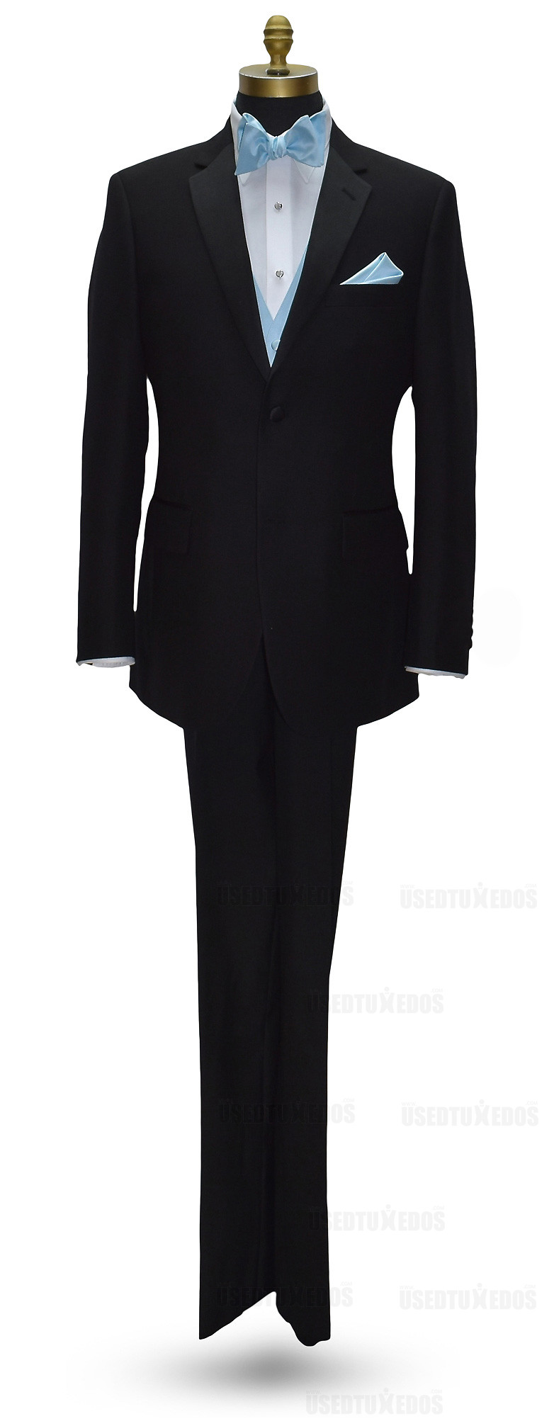 black San Miguel notch lapel tuxedo with capri-blue self-tie bowtie and capri-blue vest and pocket handkerchief
