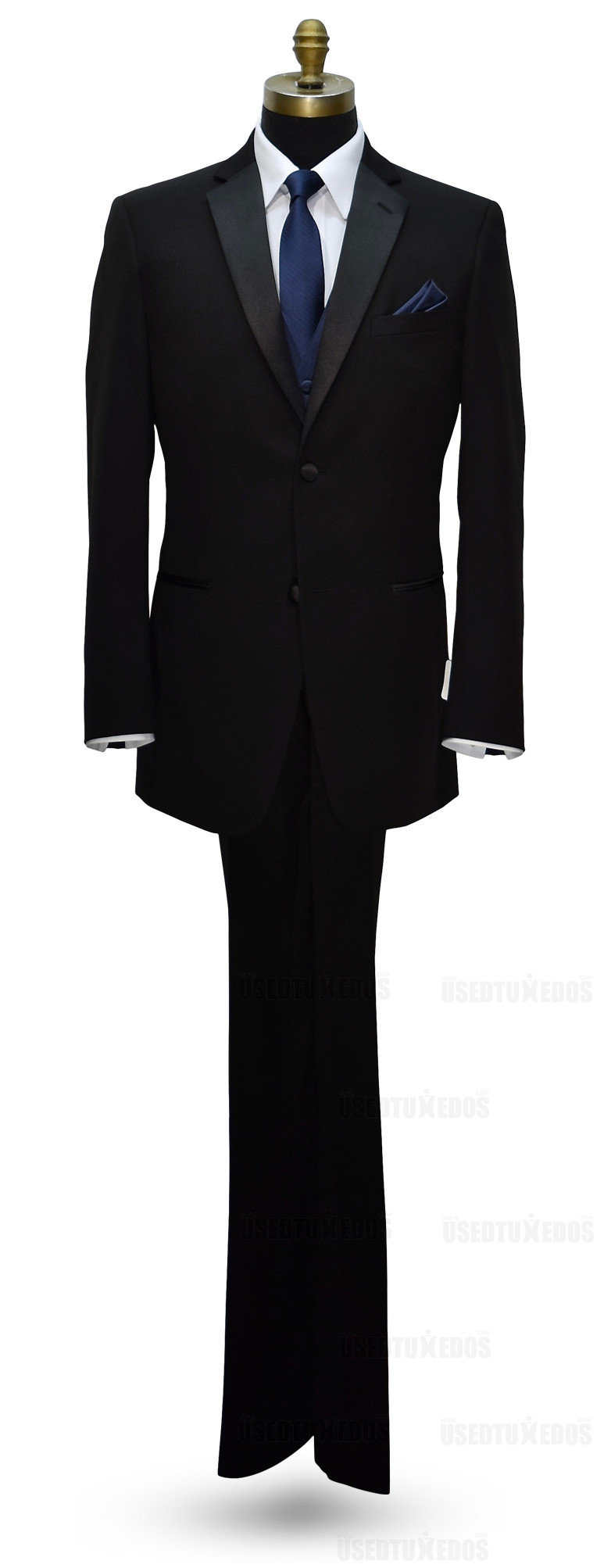 Black notch lapel tuxedo with navy blue vest and long tie