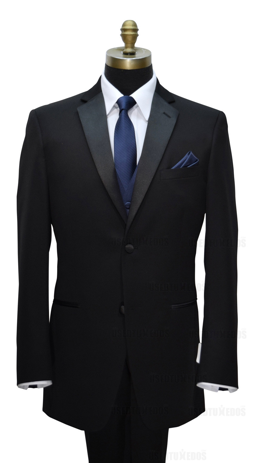 navy blue skinny dress tie with navy blue vest and black tuxedo