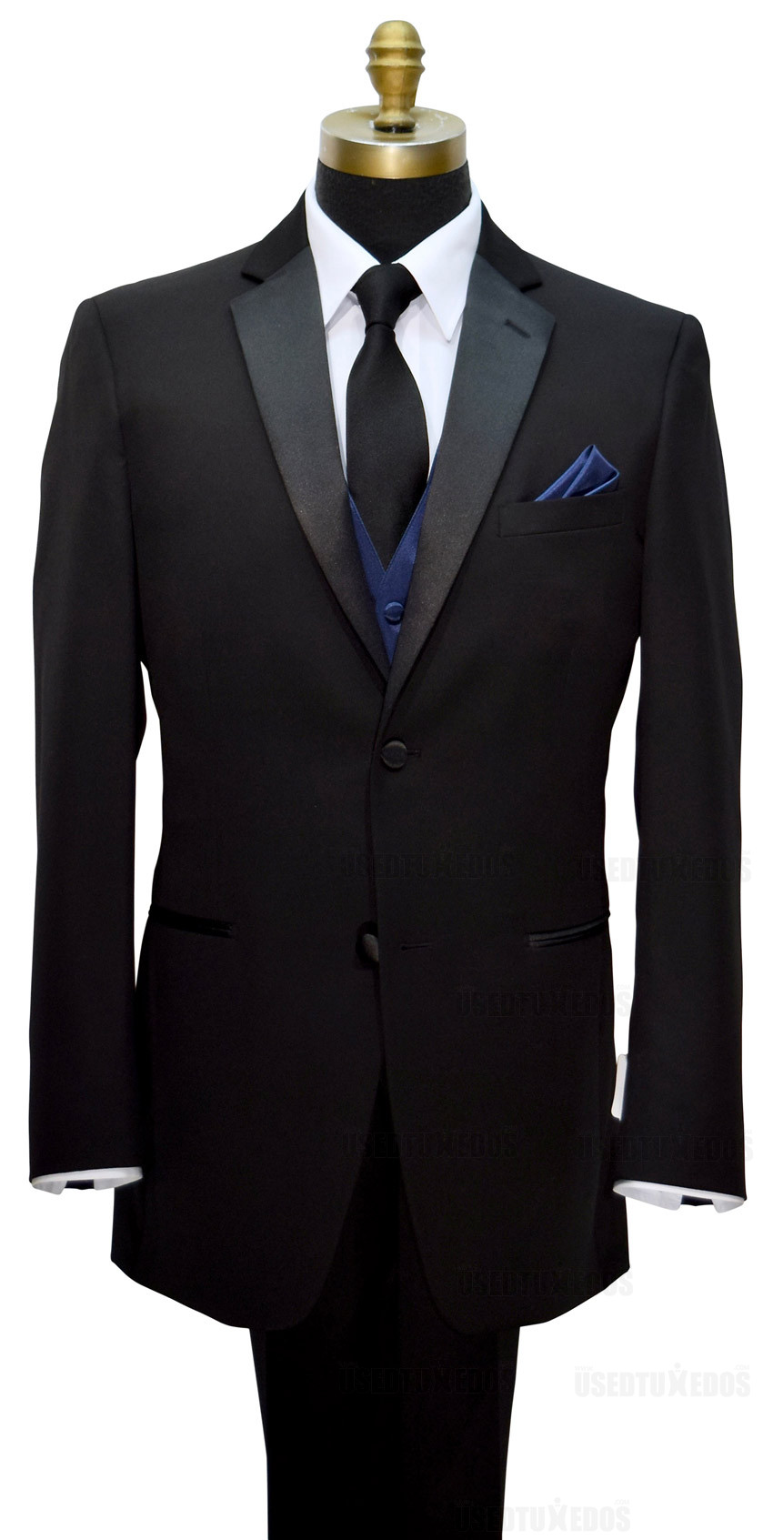 navy blue vest with long black dress tie and black notch tuxedo