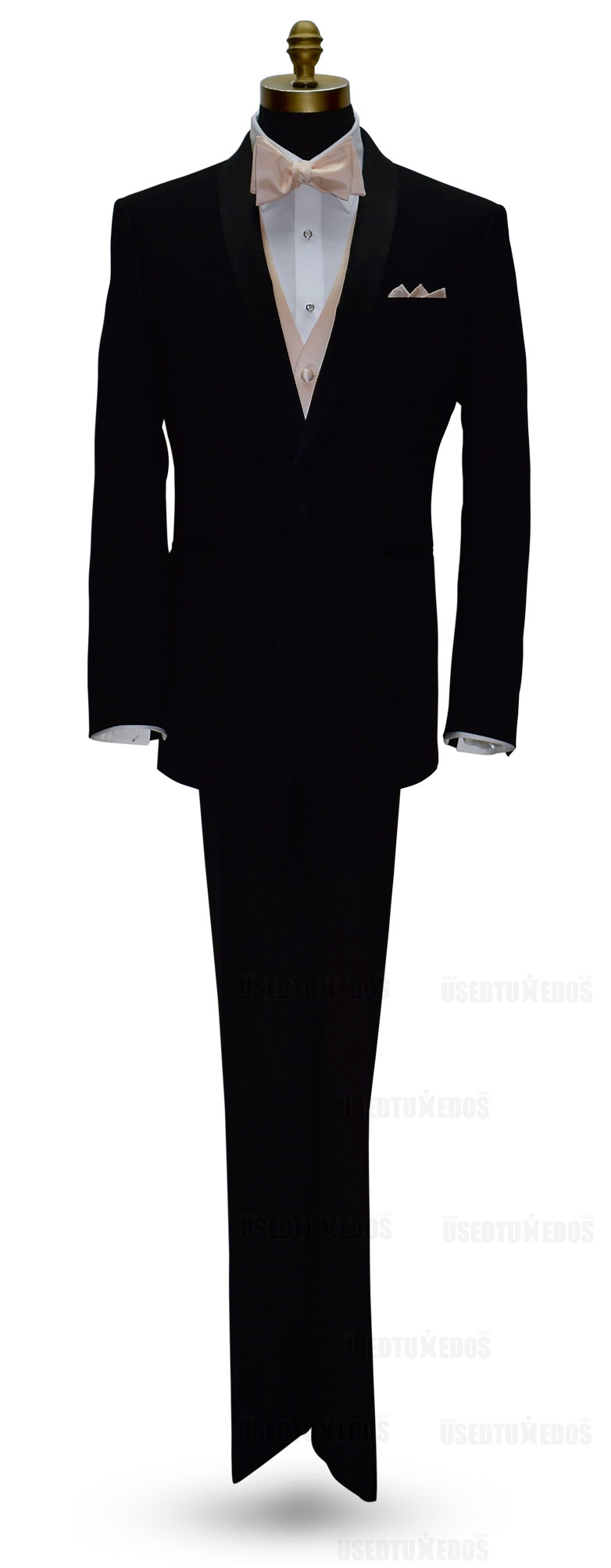 black tuxedo with nude vest and nude self-tie bowtie