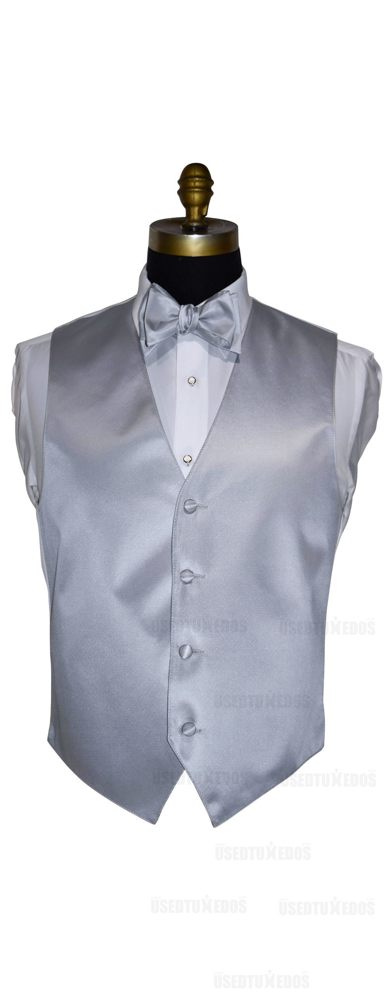 men's silver vest and silver tie-yourself bowtie