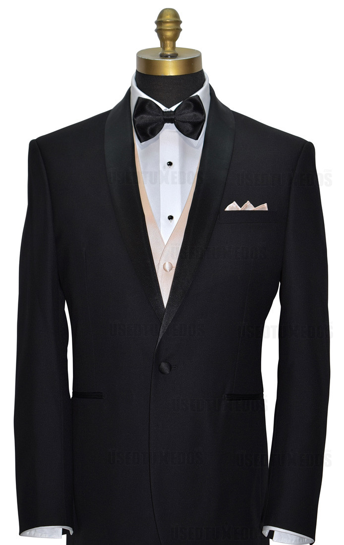 black shawl collar tuxedo with black bowtie and nude vest by San Miguel Formals