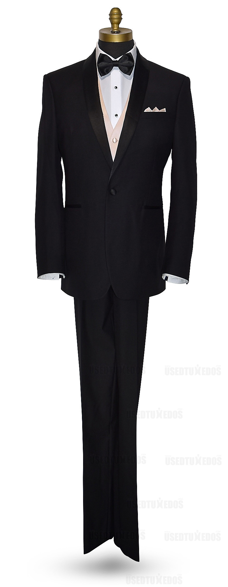 men's nude color vest with black bowtie and black tuxedo