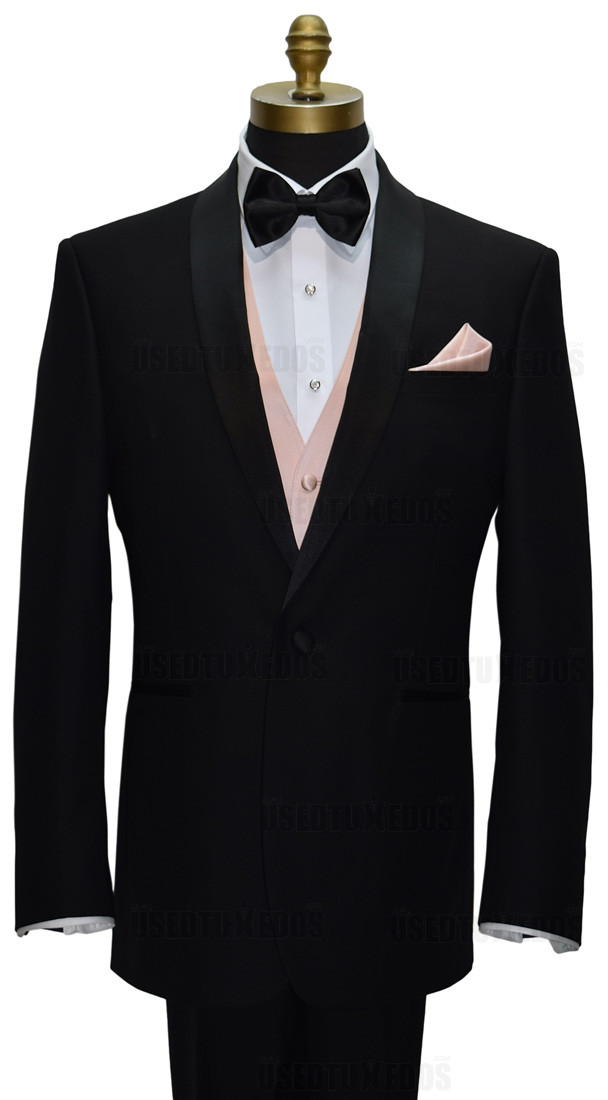black shawl collar tuxedo with black bowtie and petal color vest