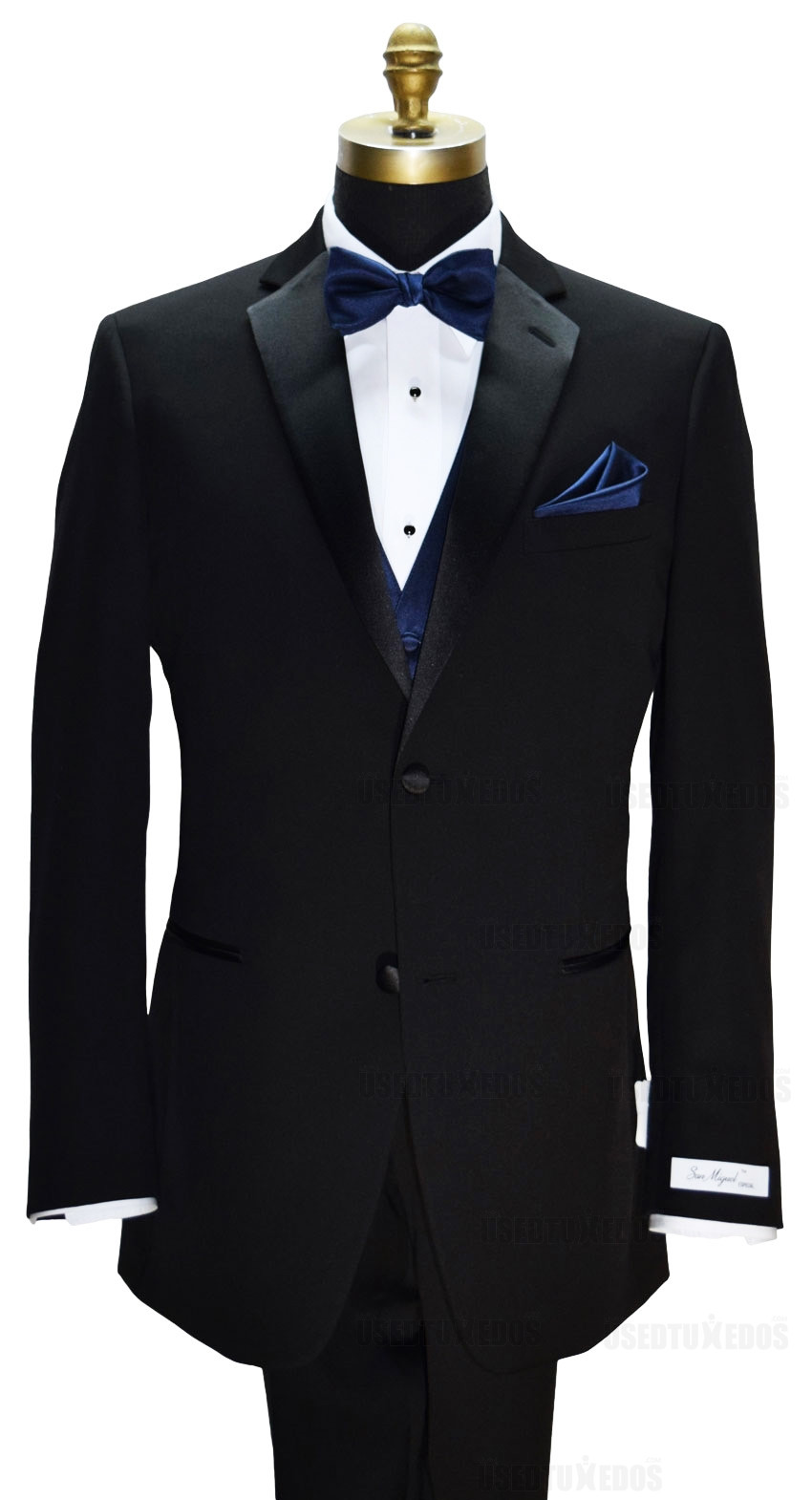 2 button black notch lapel tuxedo with navy blue vest and bowtie on tuxbling.com