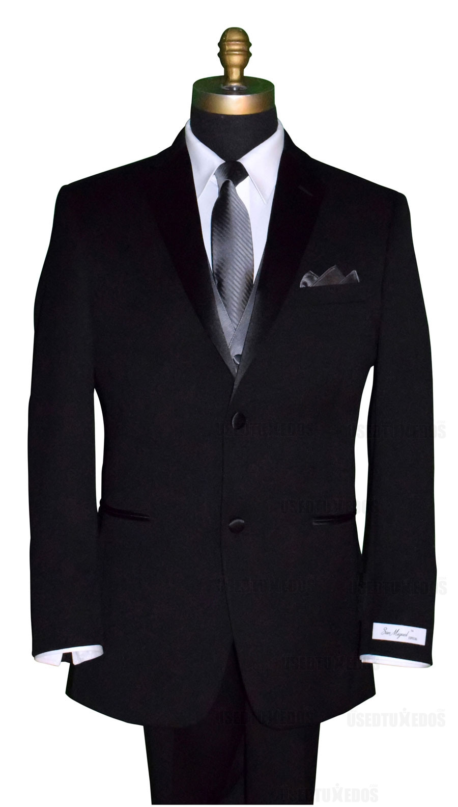 men's black tuxedo with charcoal striped tie and charcoal vest