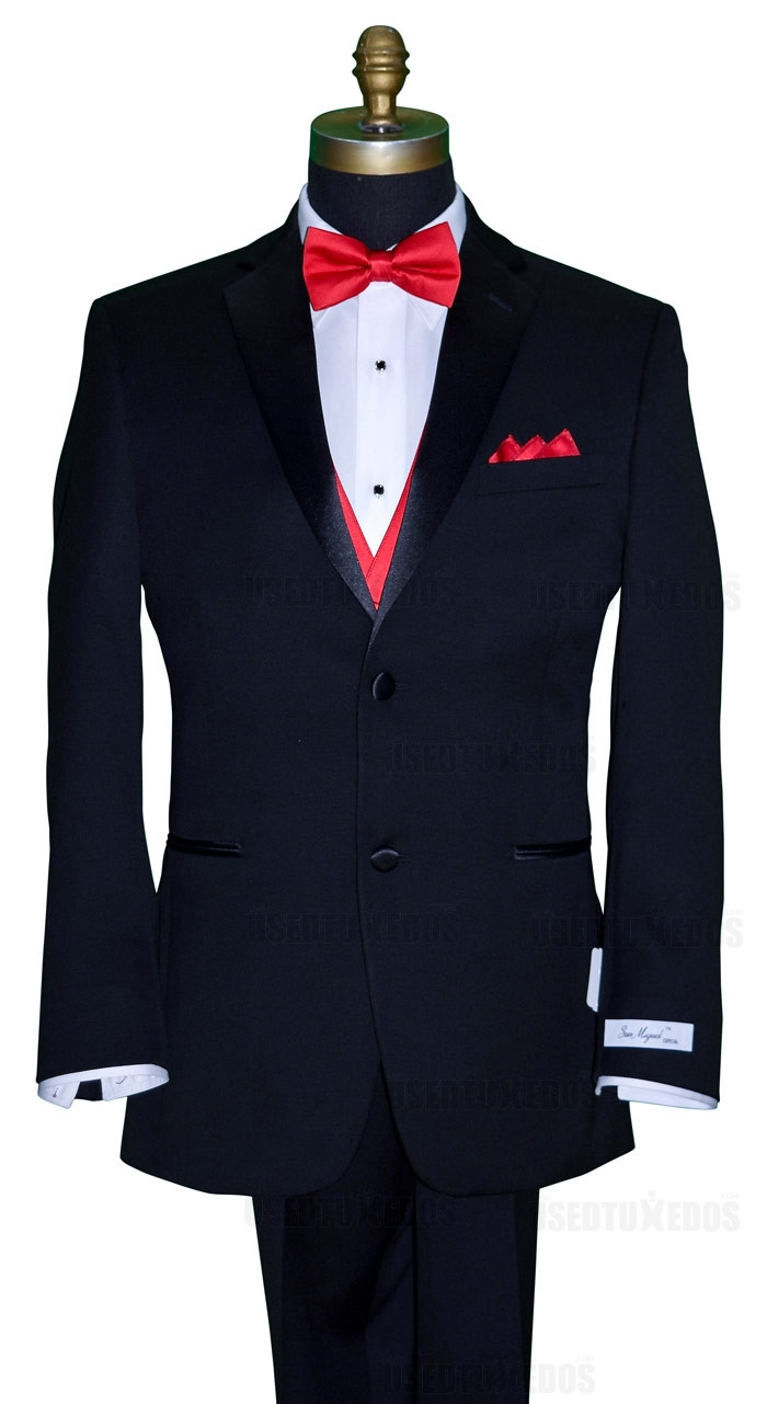 San Miguel black tuxedo with red satin bowtie and red satin vest