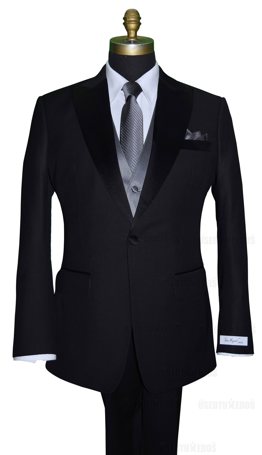 San Miguel peak lapel tuxedo with charcoal striped tie and vest