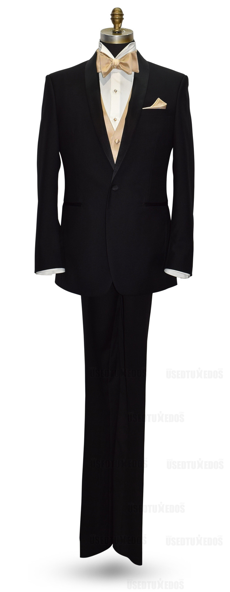 black tuxedo with golden vest and golden self-tie bowtie by San Miguel Formals