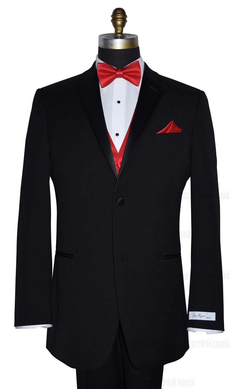 black San Miguel tuxedo with red bowtie and red vest on tuxbling.com