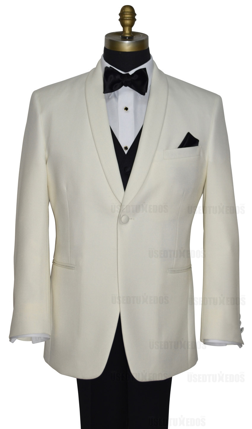 men's ivory dinner jacket with black pre-tied bowtie and black vest by San Miguel Formals