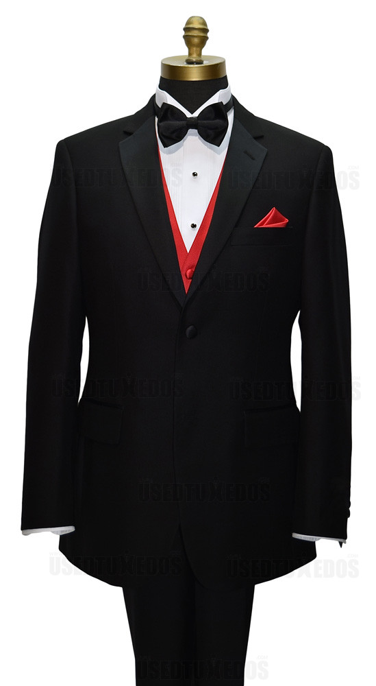 black notch lapel tuxedo with valentina red vest and black bowtie on tuxbling.com