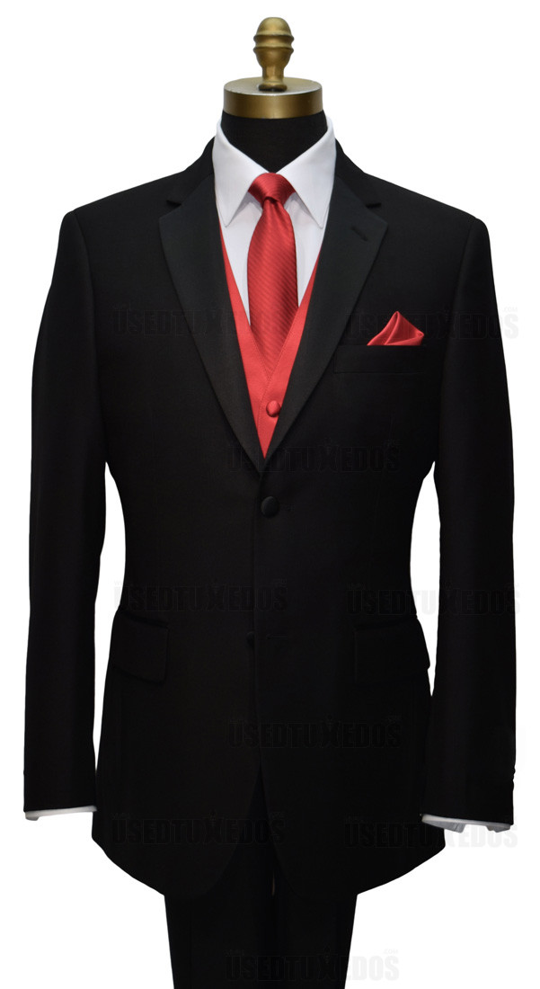 black tuxedo with red skinny tie and red vest