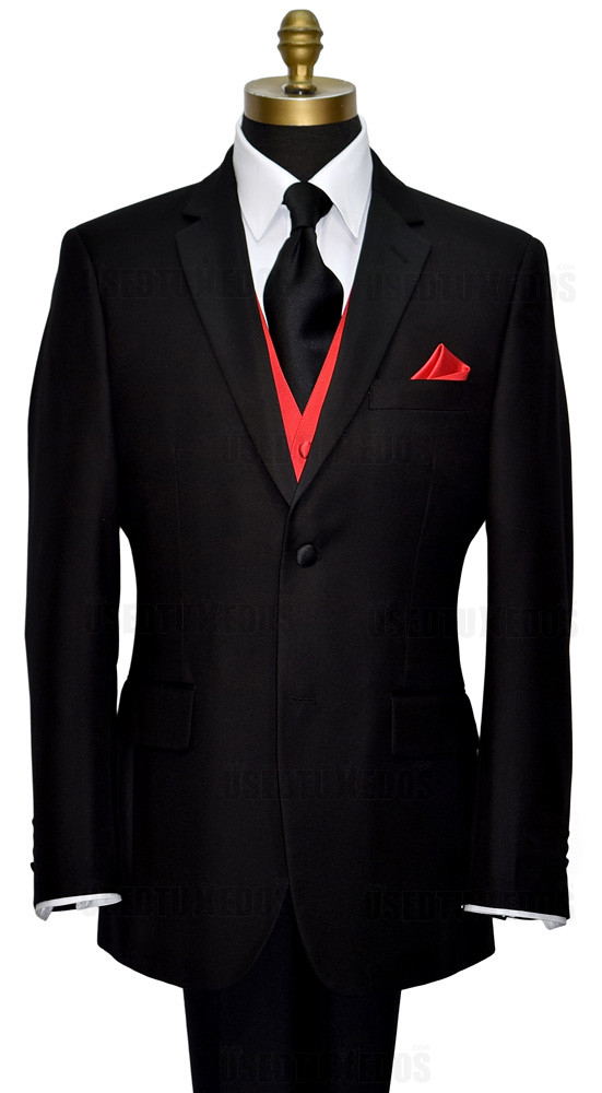 men's black tuxedo with red tuxedo vest with long black dress tie on tuxbling.com