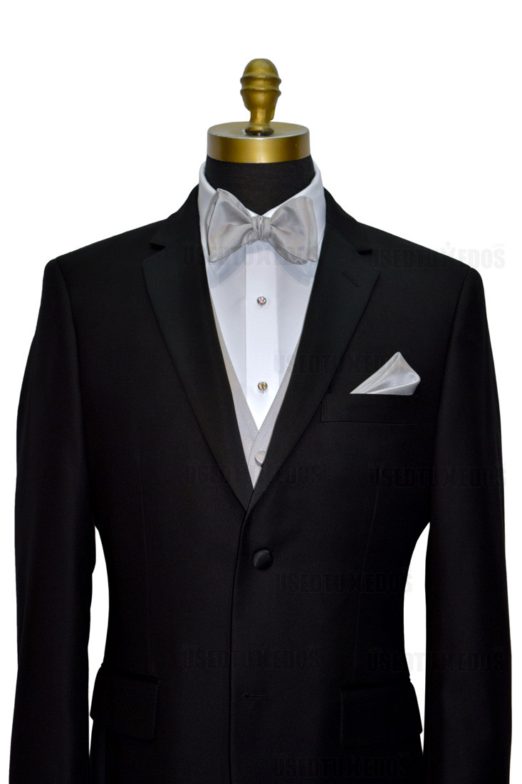 black tuxedo with light gray self-tie bowtie and vest on tuxbling.com