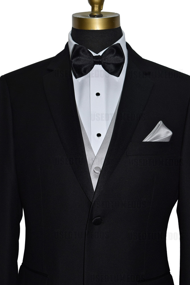 light gray tuxedo vest with black pre-tied bowtie by San Miguel Formals