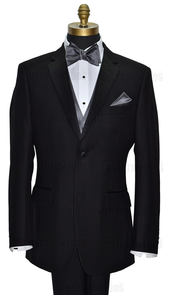 black tuxedo with charcoal vest and bowtie by San Miguel Formals