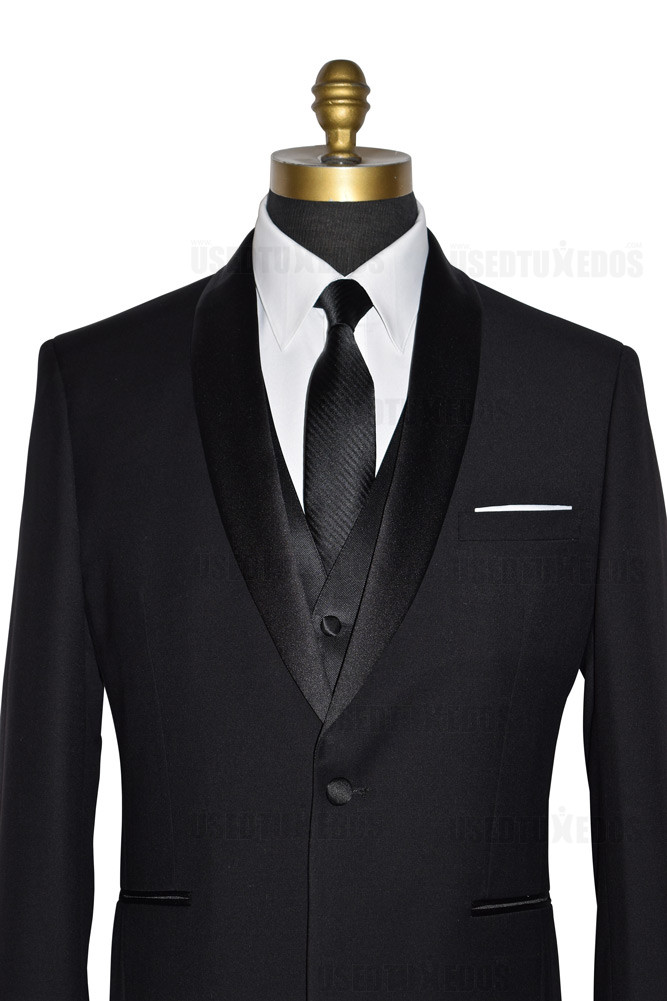 black shawl collar tuxedo with long black tie and black vest at tuxbling.com