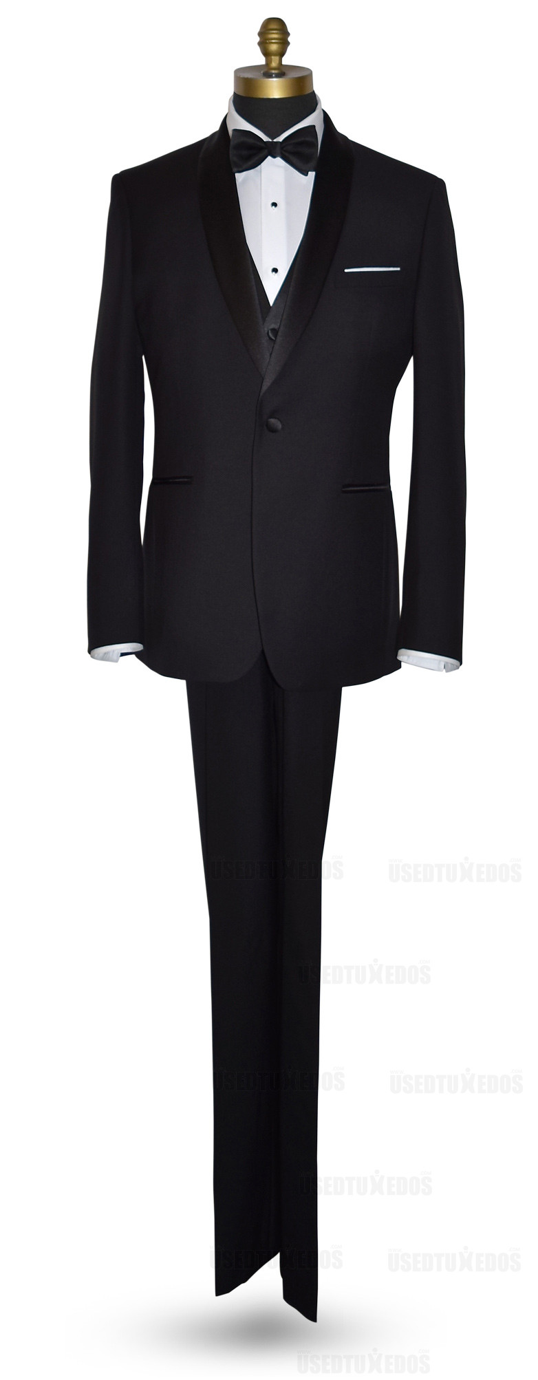 men's black vest with pre-tied black bowtie with black shawl collar tuxedo on tuxbling.com