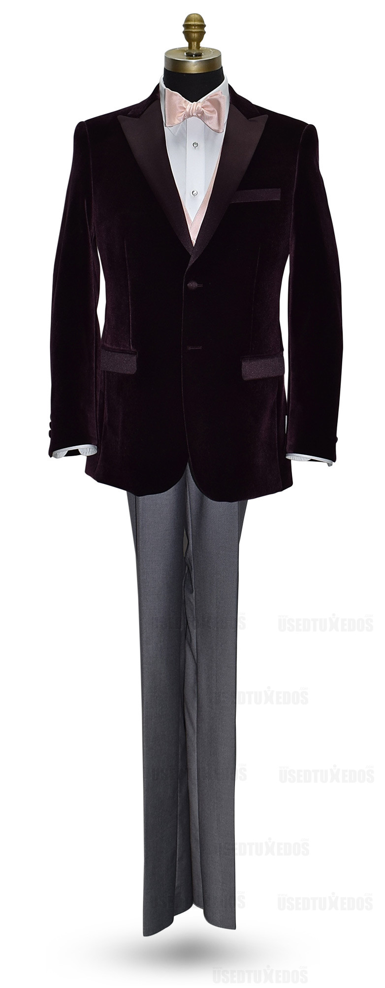 wine velvet tuxedo jacket with blush bowtie and blush vest