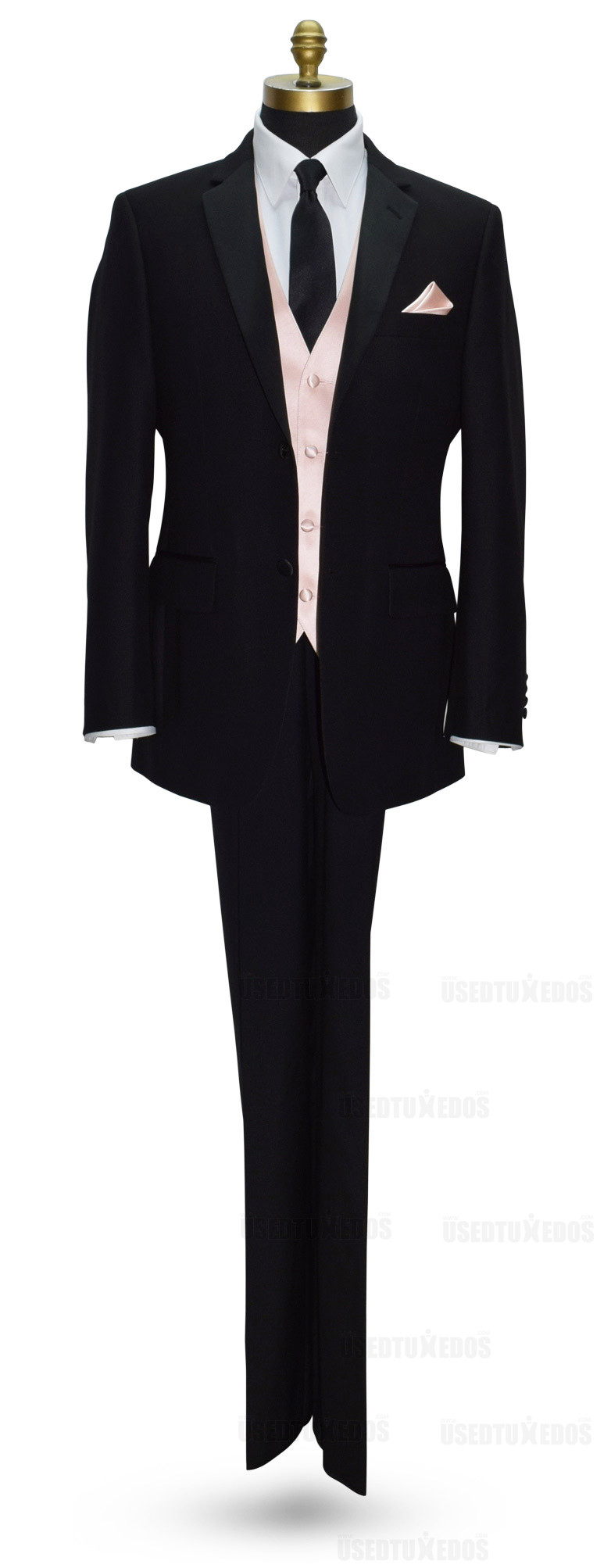 black tuxbling tuxedo with blush vest with black skinny dress tie