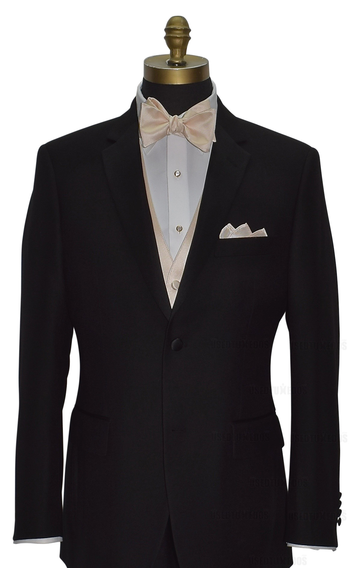 black tuxedo with champagne vest and champagne bowtie on tuxbling.com