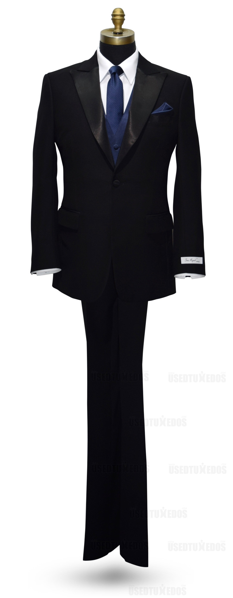 San Miguel black peak lapel tuxedo with navy blue vest and navy blue long tie